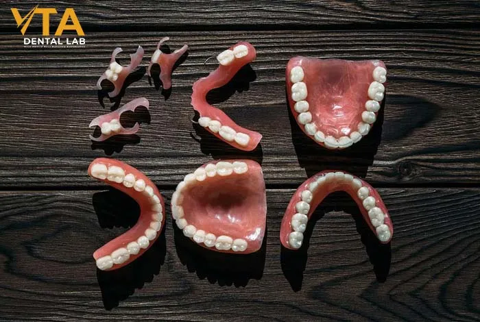 Close-up of porcelain denture teeth showing natural translucency and shine